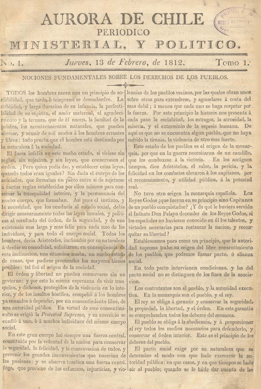 							Ver Núm. 2 (1812): Tomo I. Jueves 20 de Febrero
						